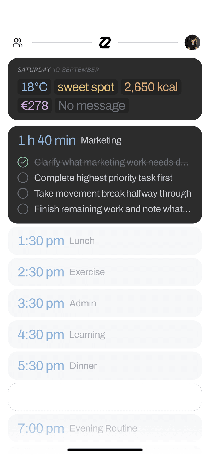 The YUK0R home screen: the numbers that matter today, the block you are in with its next steps, and the rest of the day